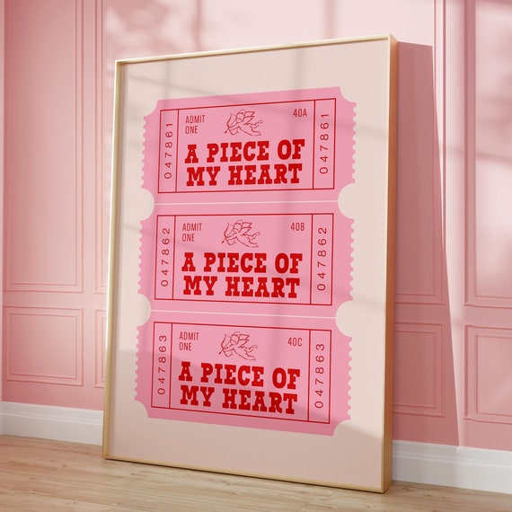 Piece Of My Heart Ticket Print Pink Valentines Day Decor Pink Red Wall Art Trendy Retro Print Preppy Cute Wall Art Girly Y2k Decor