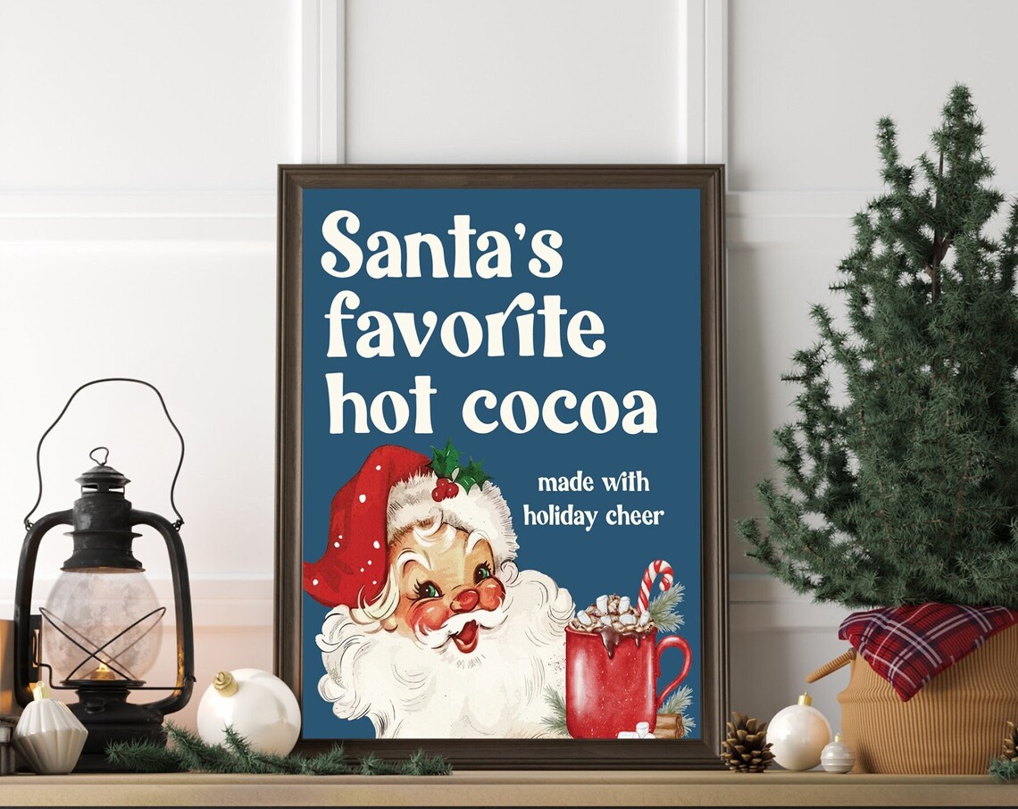 Santas Favorite Hot Cocoa Vintage Santa Retro Christmas Holiday Art Poster