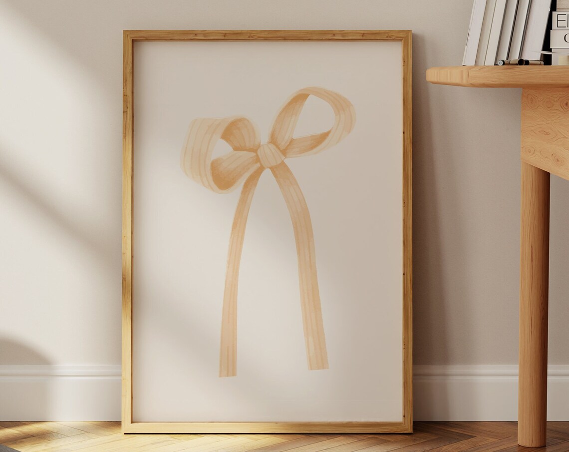 Beige Ribbon Bow Watercolor Print Girly Balletcore Nursery Room