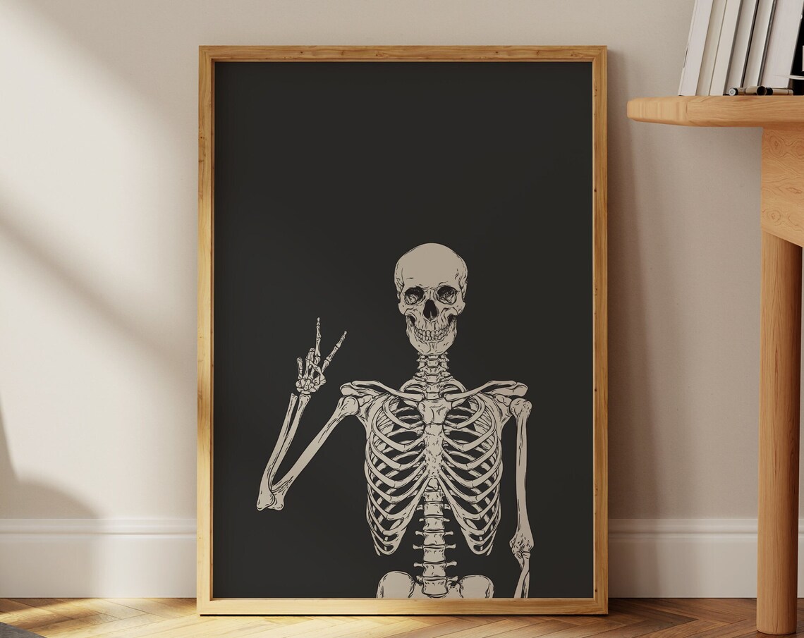 Skeleton Flashing a Peace Sign on Black Spooky Halloween Poster