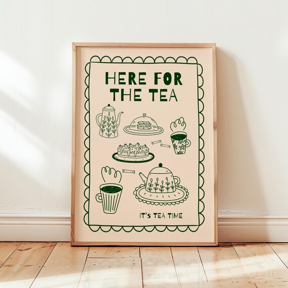 Here For The Tea Time Vintage Green Kitchen Teapot Art Poster