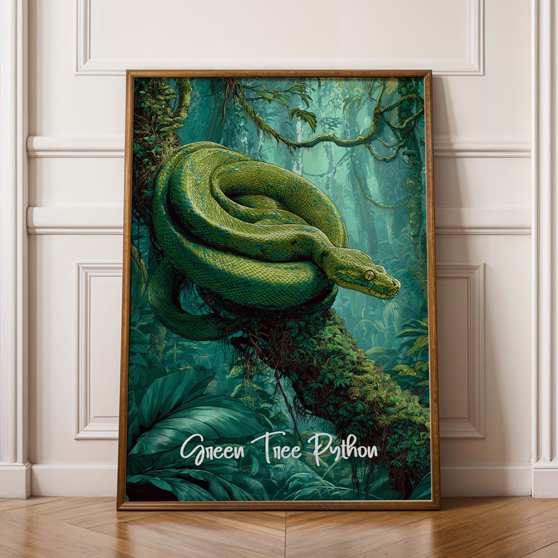 Green Tree Python Coiled on Branch in Lush Rainforest Reptile Print