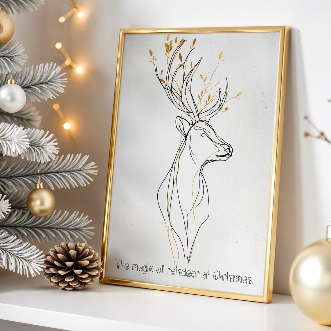 Minimalist Reindeer Line Art Gold Antlers Elegant Christmas Poster
