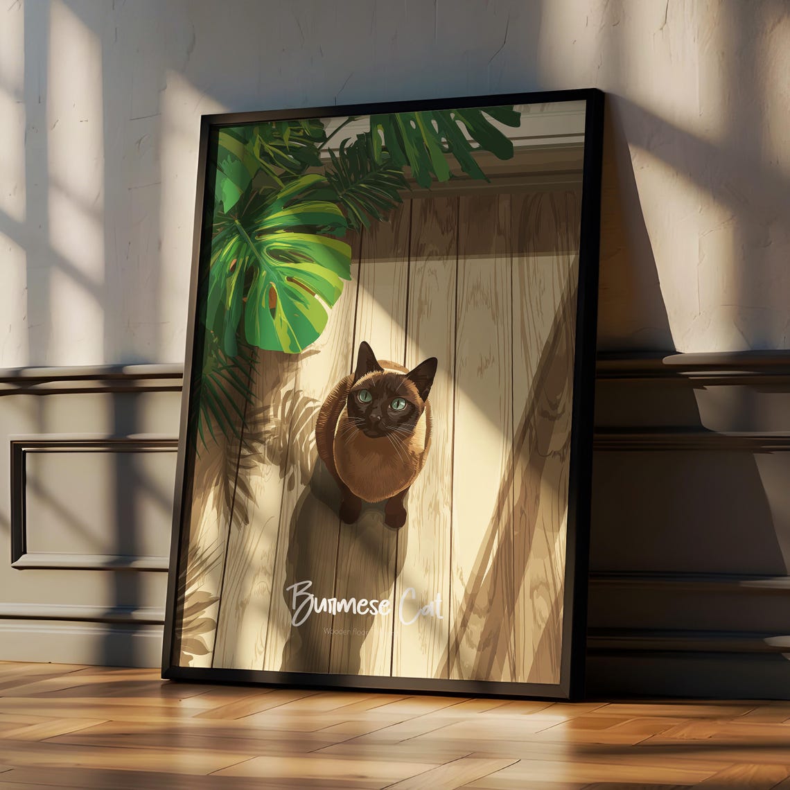Burmese Cat Looking Up Top Down Sunlit Illustration Cat Art Poster