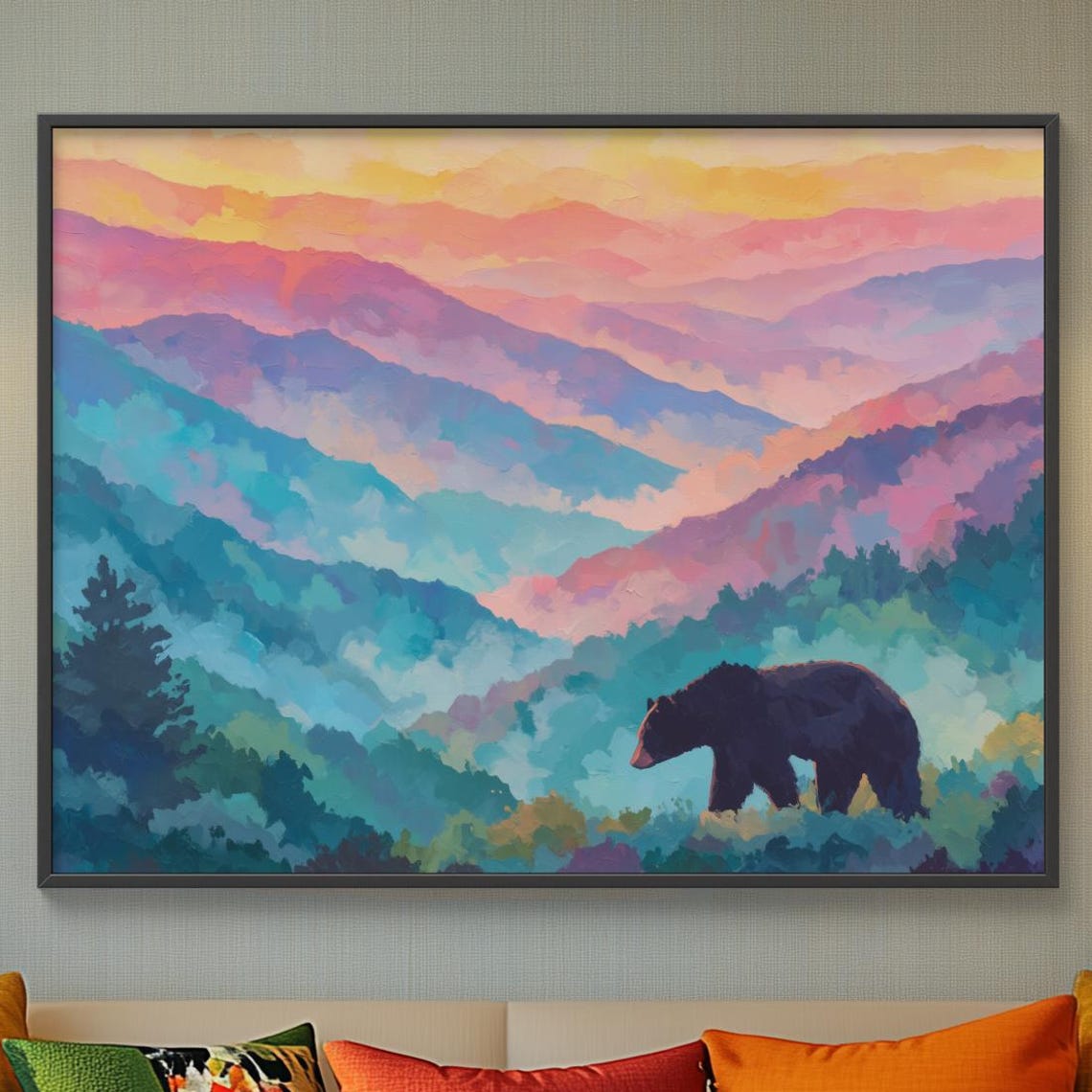 Majestic Black Bear Silhouette Colorful Mountain Sunset Poster