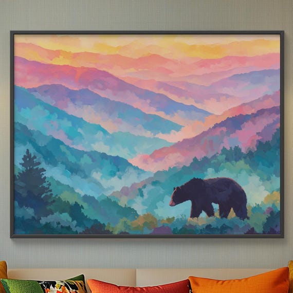 Smoky Mountains Watercolor Art Framed Canvas Colorful Print Misty Sunrise Autumn Forest Curious Bear Cub In Serene Blue Ridge View