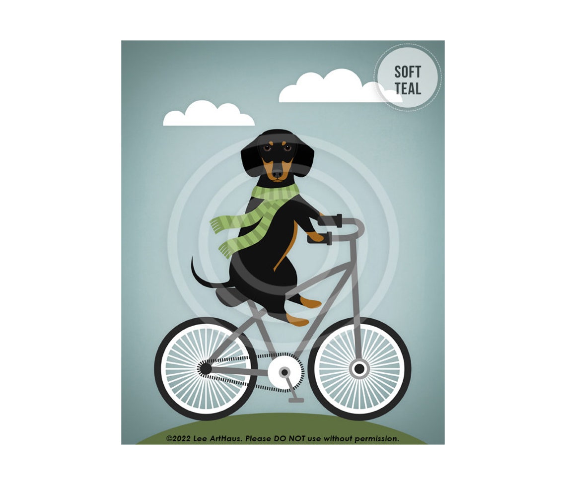 Black And Tan Dachshund Riding Bicycle Green Scarf Bright Poster - Image 4