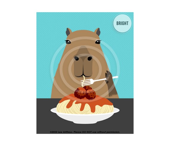 54jp Spaghetti Art Capybara Eating Spaghetti And Meatballs Wall Art Capybara Gift Funny Animal Prints Funny Kitchen Art Food Art