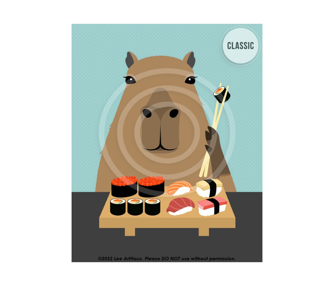 Capybara Eating Sushi With Chopsticks Funny Animal Cartoon Art Poster