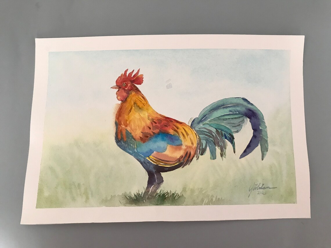 Vibrant Colorful Rooster Watercolor Painting in Orange and Teal Poster - Image 2