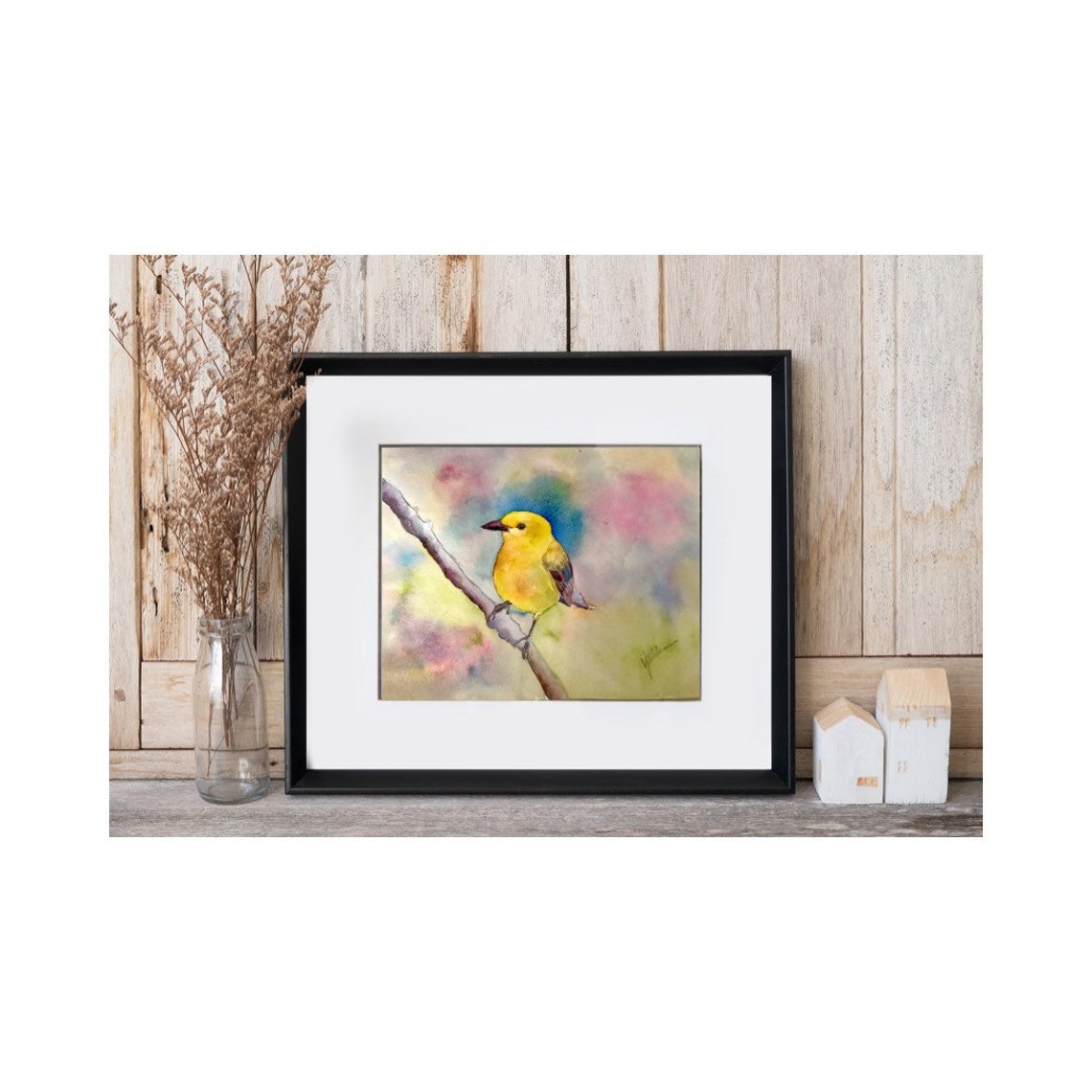Bright Yellow Songbird on Branch Watercolor Spring Bird Poster - Image 3