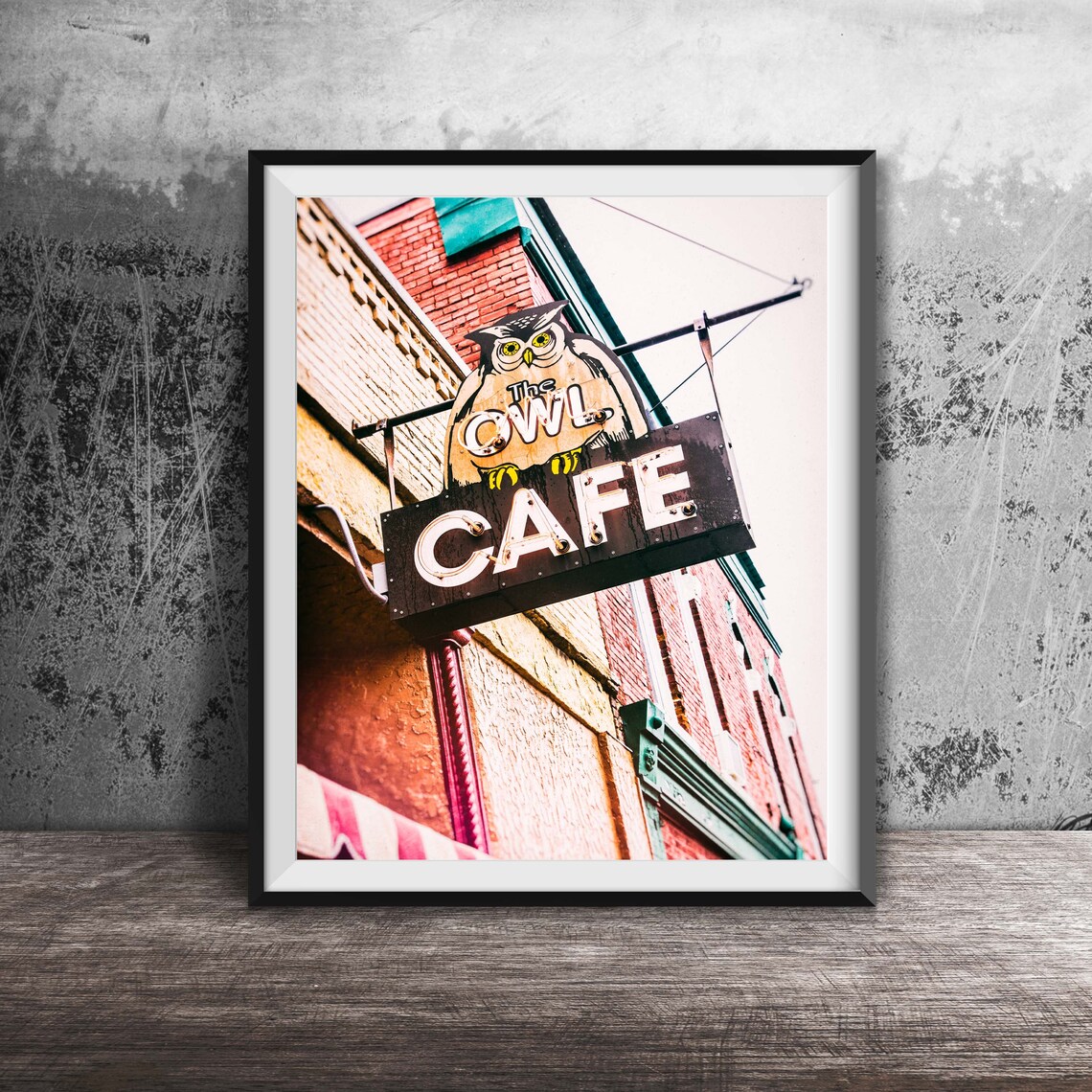 Owl Cafe Owl Sign Owl Wall Art Neon Sign Unframed Photography Print Cafe Sign Modern Photography Platteville Wisconsin
