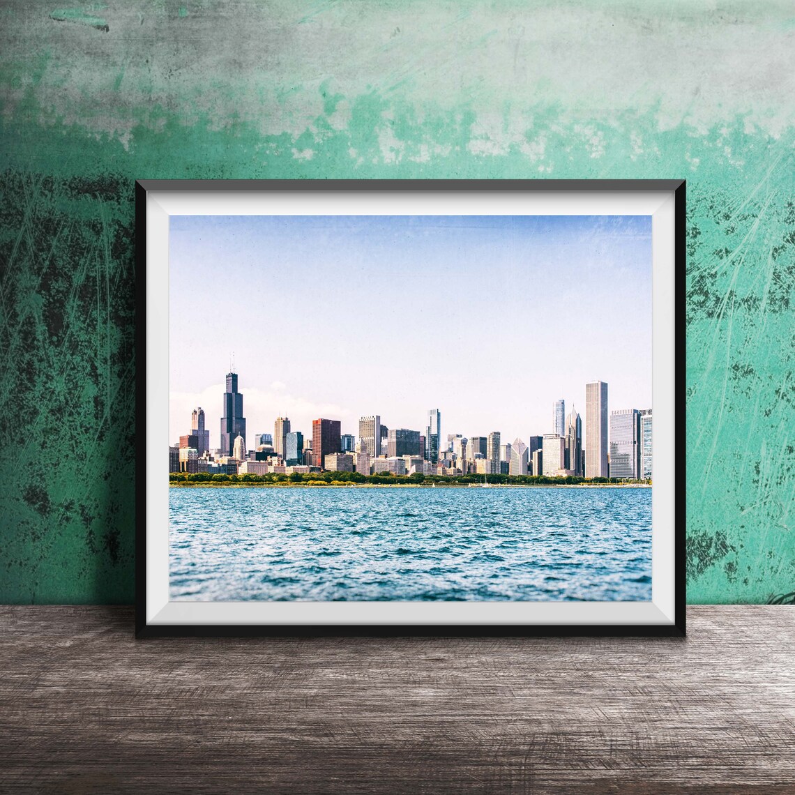 Chicago Skyline Panorama Over Lake Michigan Water Photo Poster