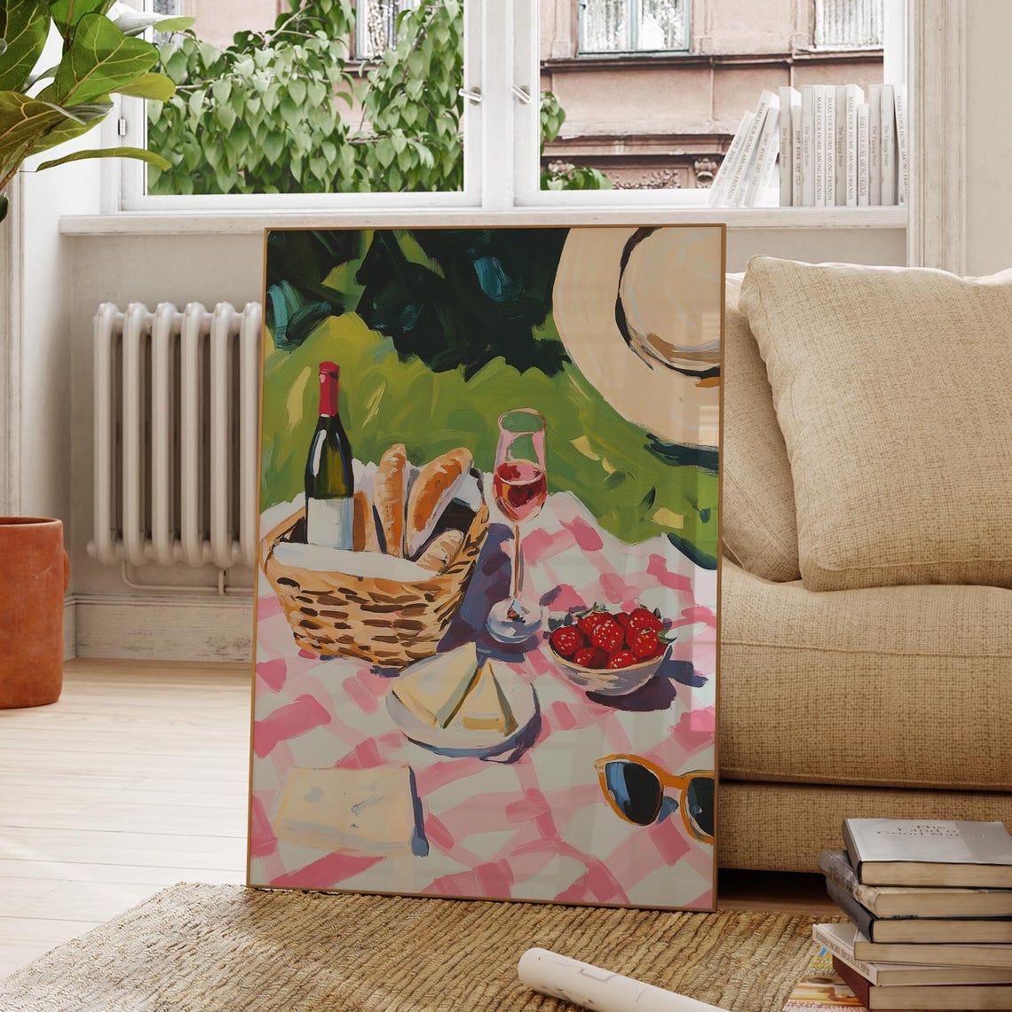 French Picnic Basket Wine Bread Cheese Strawberries Gingham Art Poster - Image 4