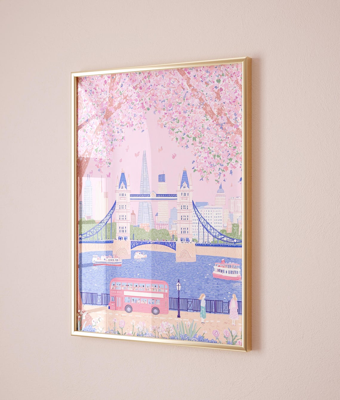 London Tower Bridge Pink Bus Cherry Blossom Spring Skyline Poster - Image 3