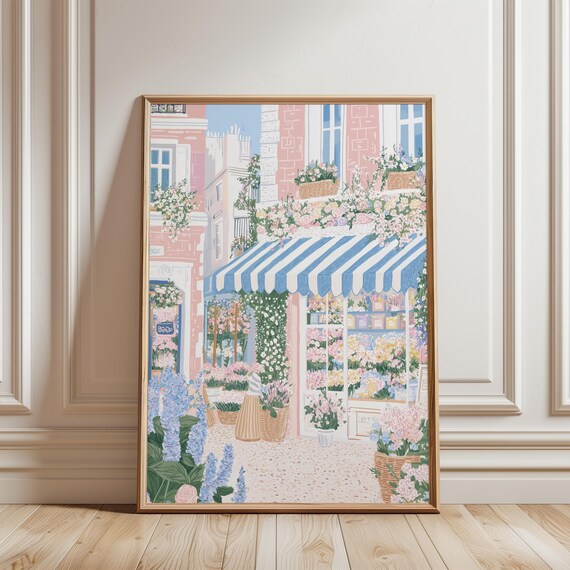 Parisian Flower Shop Blue Awning Flower Baskets Spring Poster