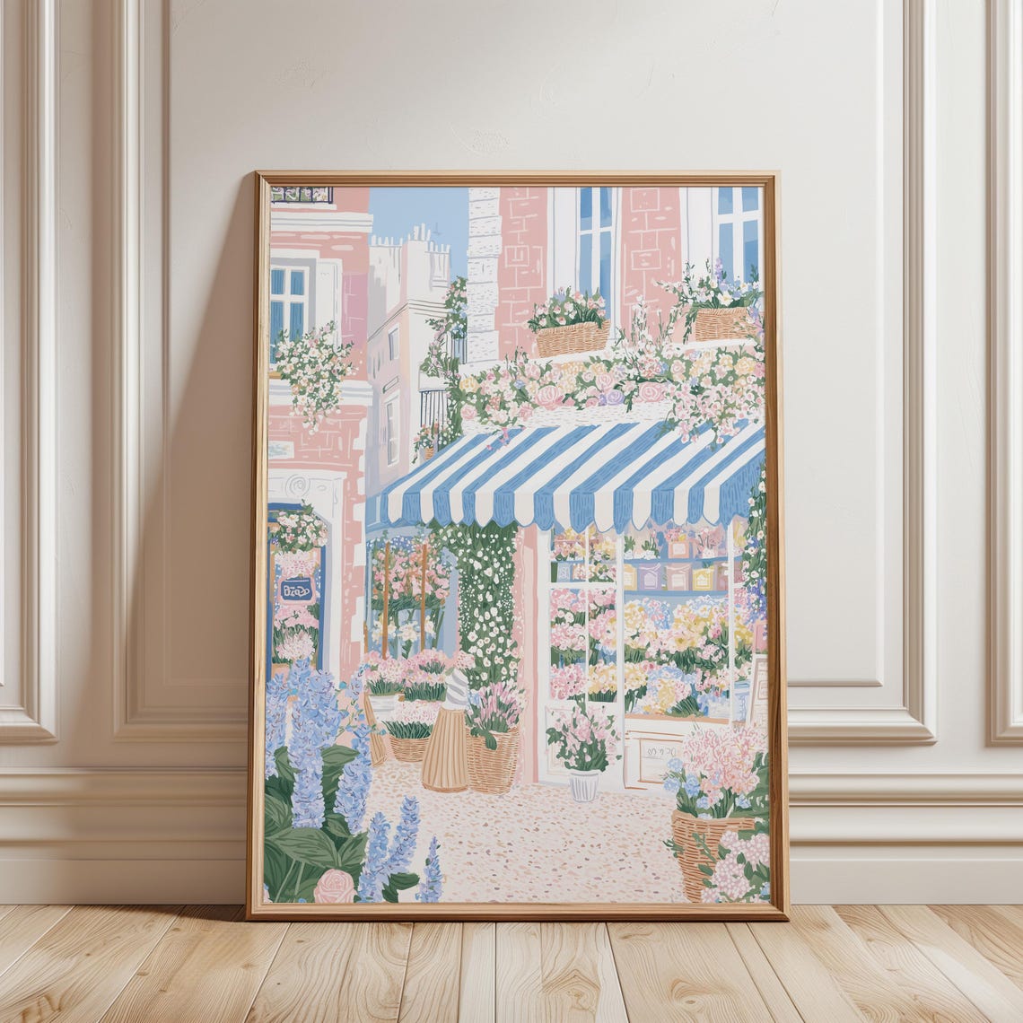 Parisian Flower Shop Blue Awning Flower Baskets Spring Poster