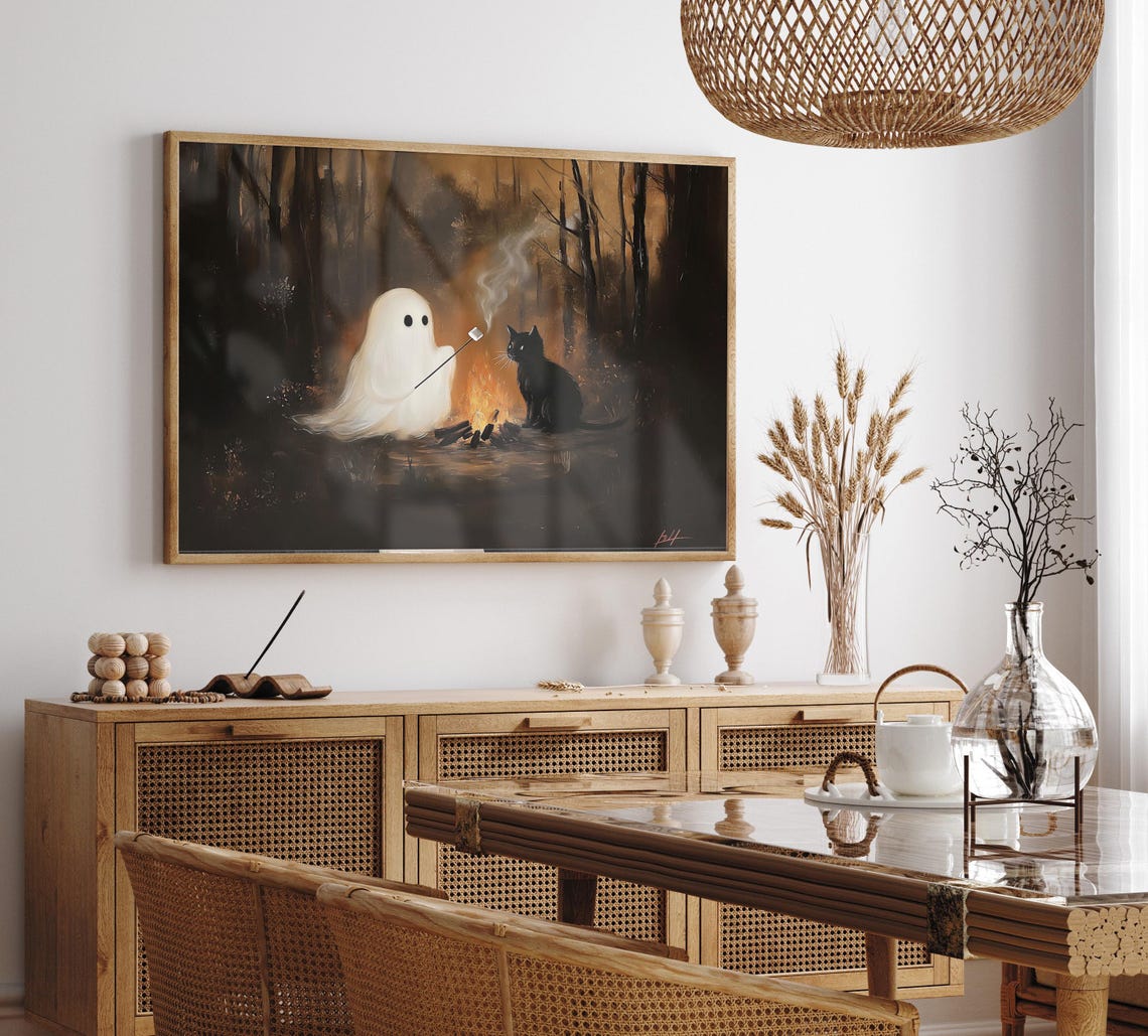 Ghost And Black Cat Roasting Marshmallows At Campfire Poster - Image 2