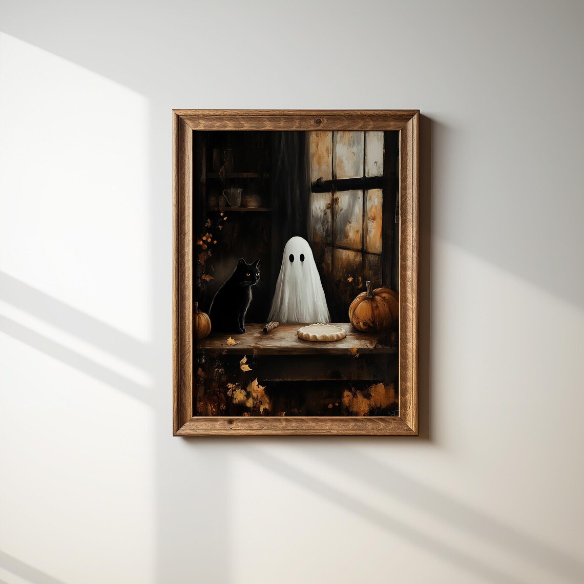 Ghost and Black Cat Baking a Pie by the Window Cozy Autumn Kitchen Poster