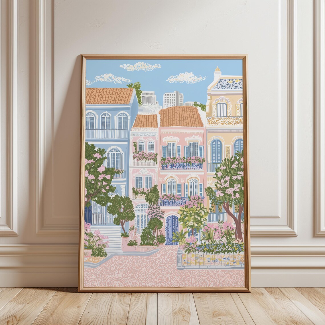 Lisbon Pastel Buildings Cobblestone Blossom Street Portugal Poster
