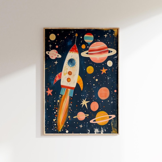 Space Rocket Ship Planets Boys Room Kids Nursery Outer Space Poster
