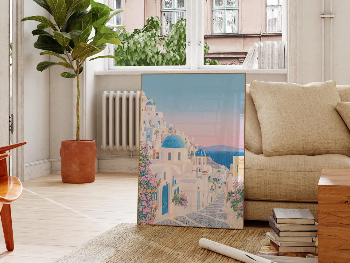 Santorini Sunset Blue Domes Pink Sky Greek Island Path Poster