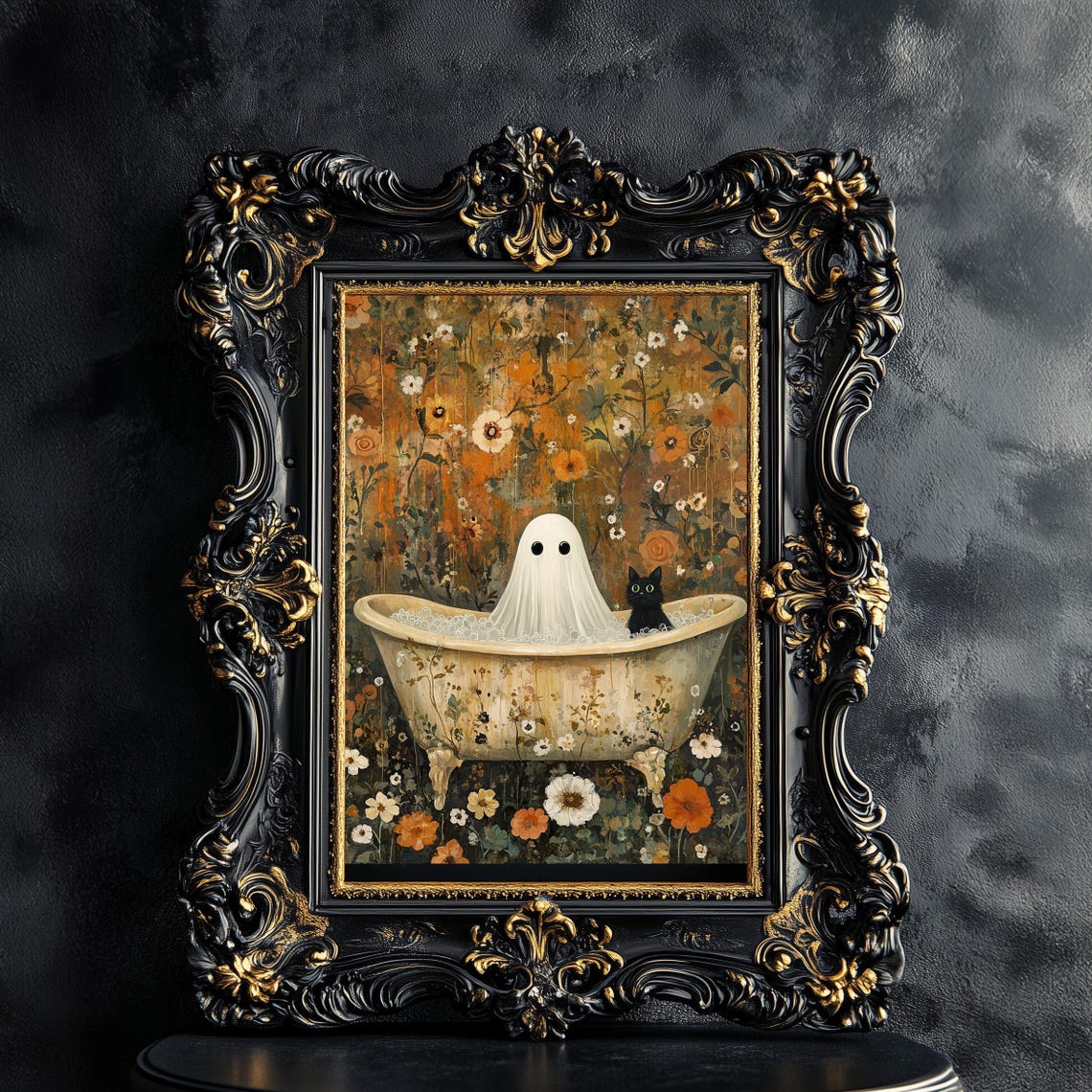 Ghost and Black Cat Bubble Bath Art Poster Vintage Halloween - Image 2