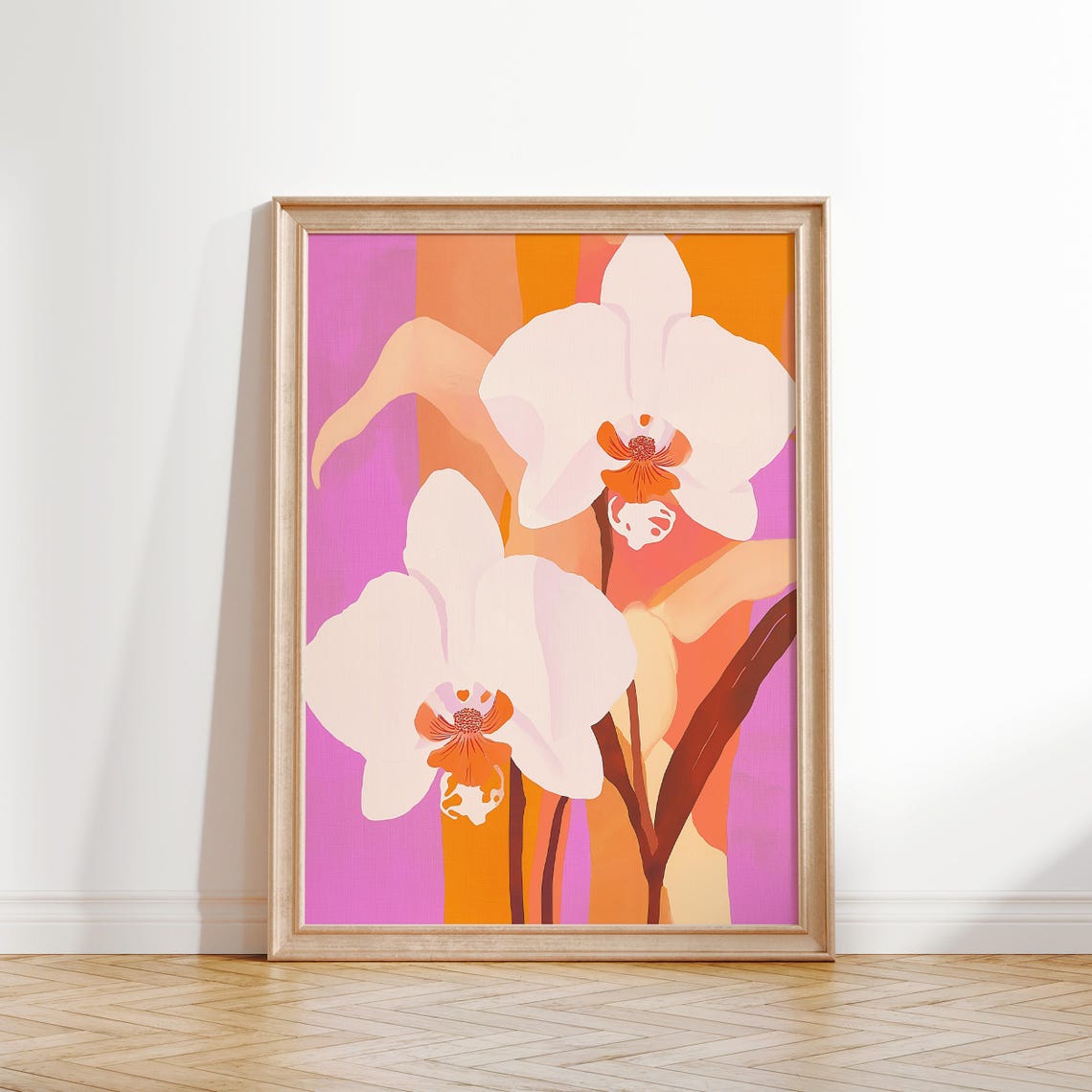 White Orchid Flower Print Pink Orange Minimalist Modern Floral Poster - Image 4