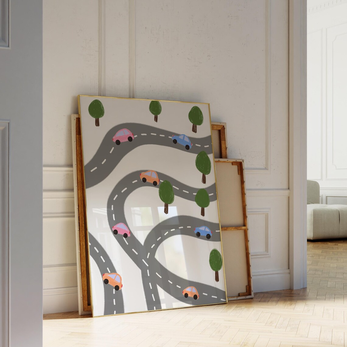 Colorful Cars On Winding Gray Road Map Playroom Kids Art Poster - Image 5