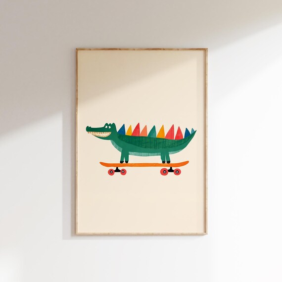 Happy Crocodile Rainbow Spikes Skateboard Fun Kids Animal Poster
