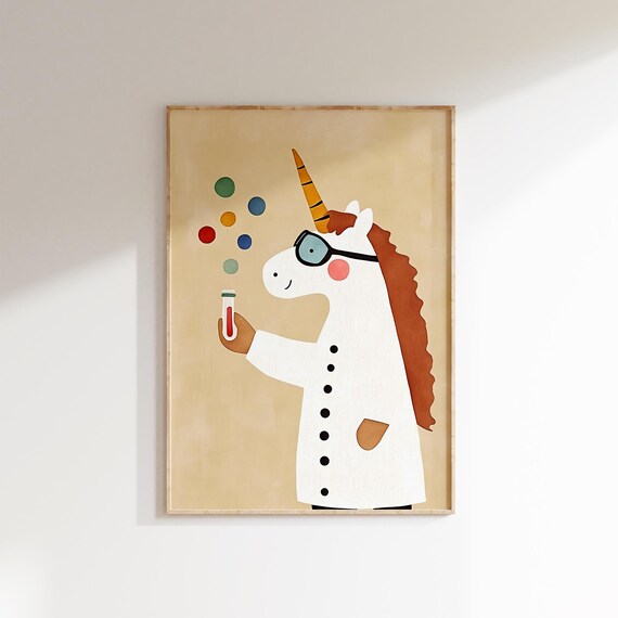 Scientist Unicorn Lab Coat Goggles Test Tube Kids Room Fun Poster