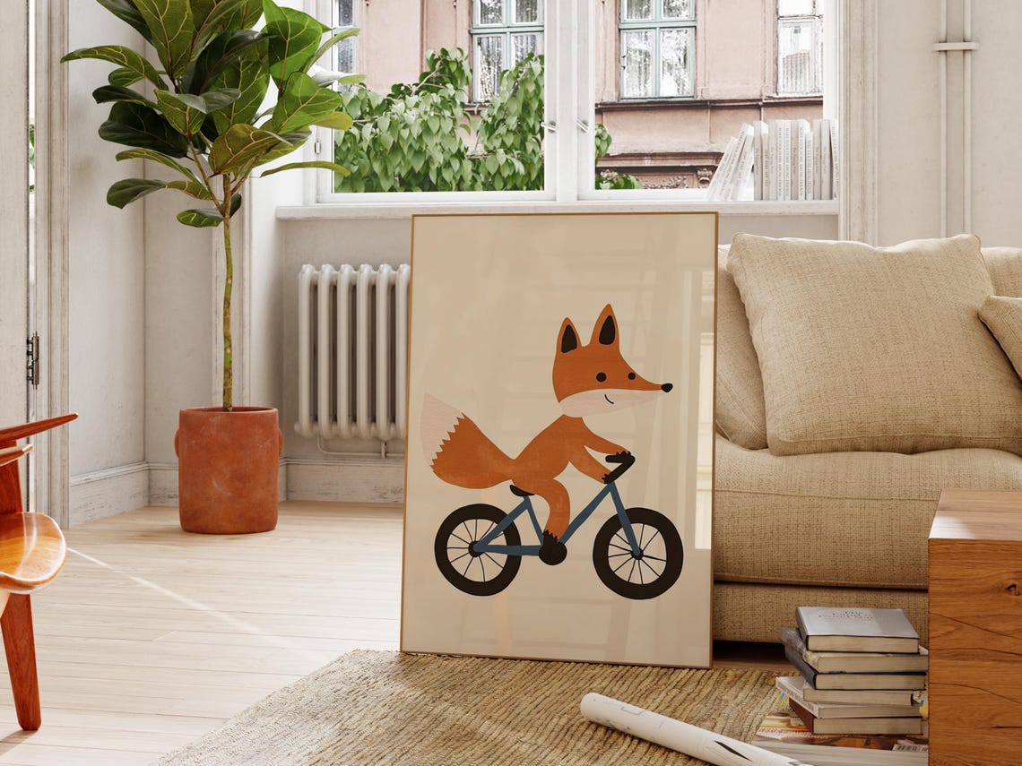 Fox On Bicycle Print Nursery Animal Wall Art Kids Room Decor Playroom Poster Art - Image 2