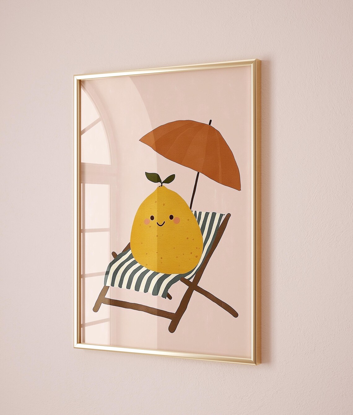 Smiling Lemon Striped Deck Chair Beach Umbrella Summer Art Poster - Image 5