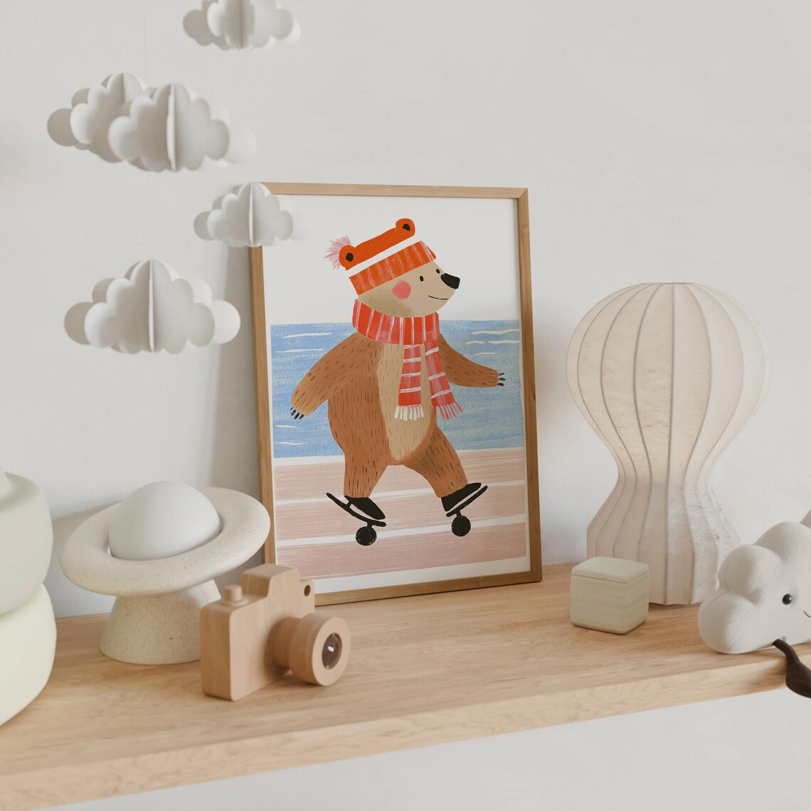Bear Ice Skating In Winter Hat And Scarf Nursery Kids Animal Poster
