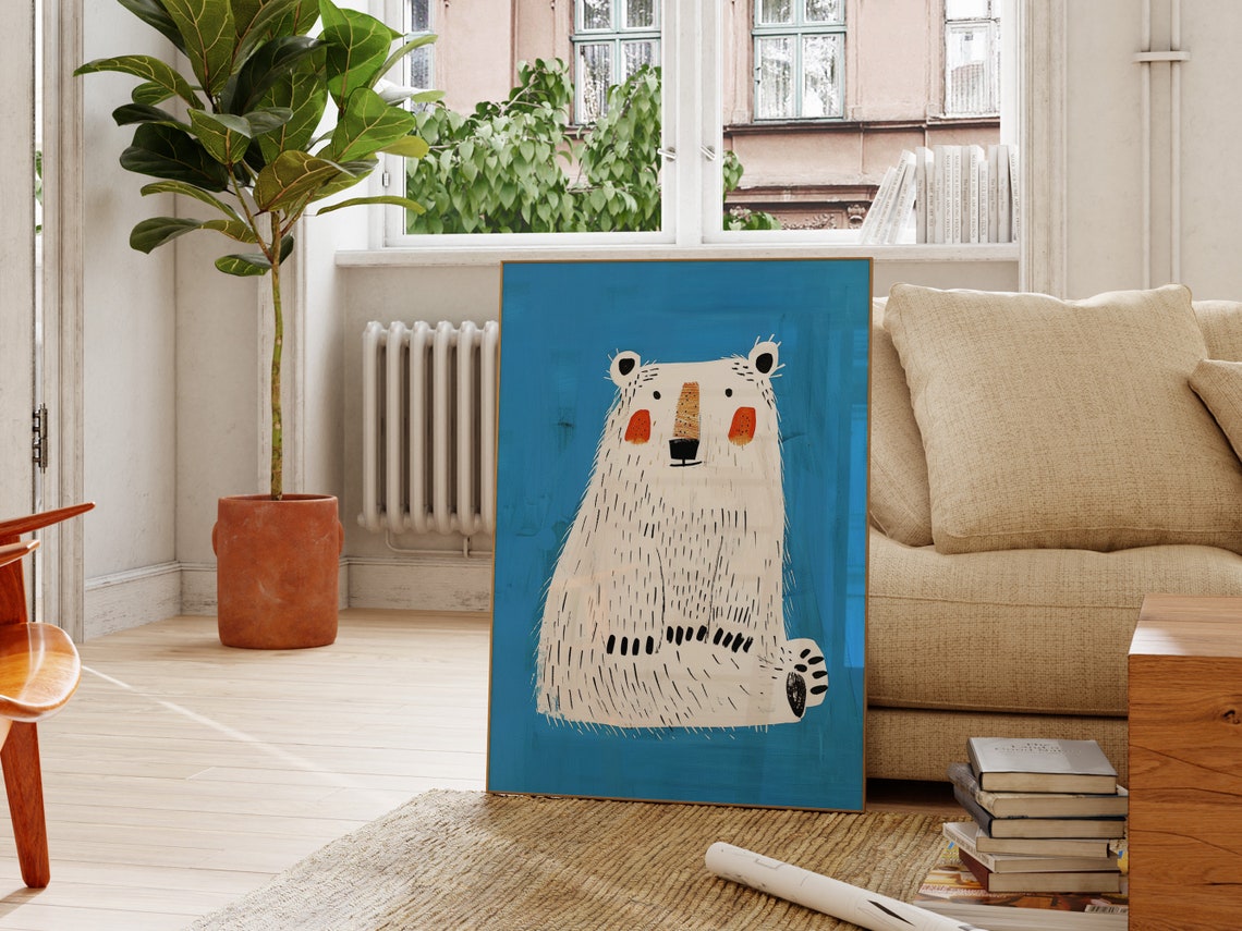 Cute Polar Bear Art Poster for Kids Room on Bright Blue Style - Image 2