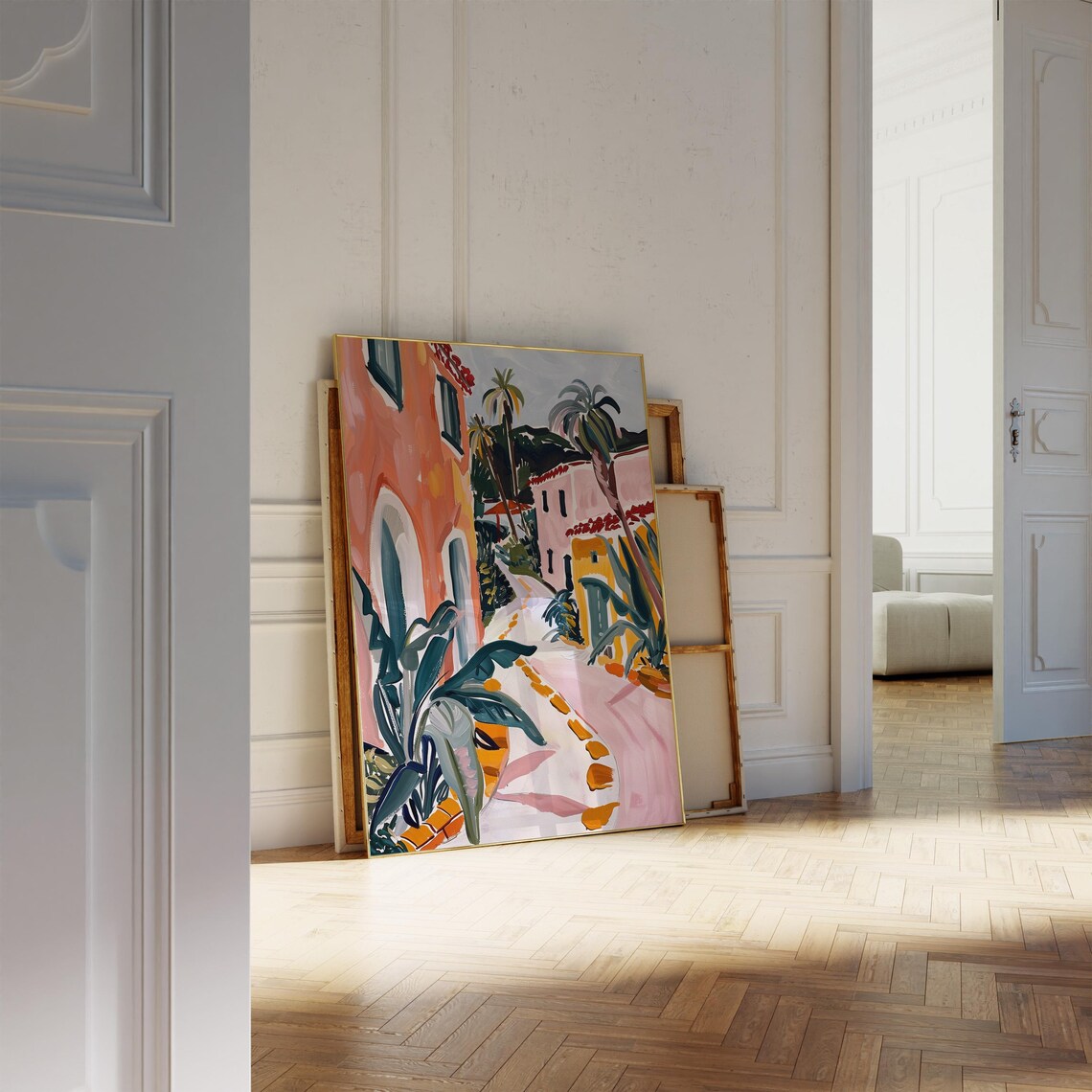 Mediterranean Village Street Art Poster with Palms and Pastel Houses - Image 2