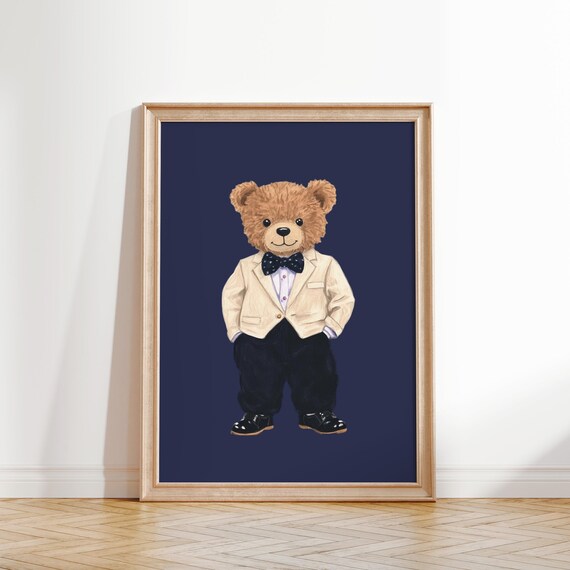 Elegant Teddy Bear in Cream Tuxedo Jacket with Bow Tie Formal Art Poster