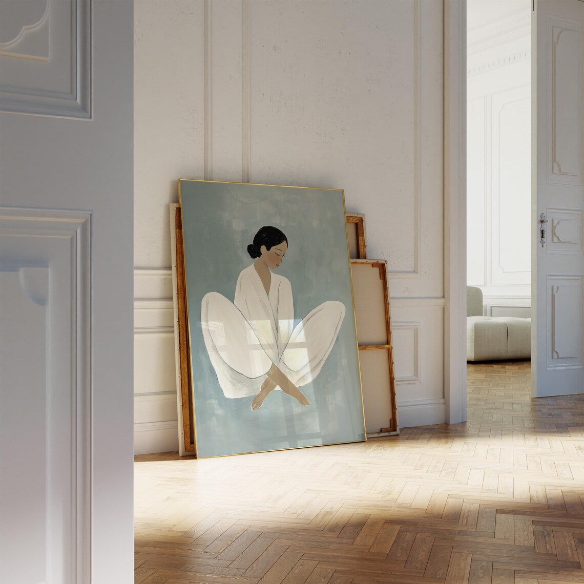 Seated Woman Meditating White Robe Sage Blue Minimalist Art Poster - Image 2