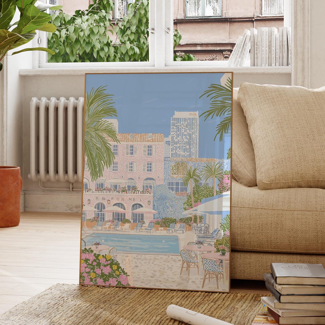 Pink Hotel Pool Courtyard Palm Trees Tropical Vacation Poster - Image 2