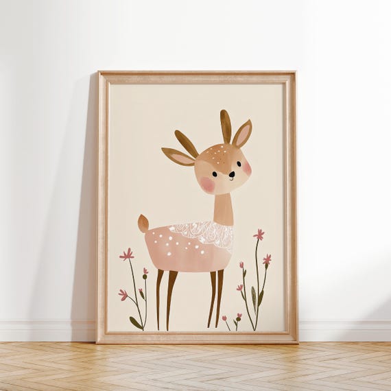 Fawn Wall Art Nursery Animal Print Woodland Theme Decor Kids Room Poster Fawn Art Baby Room Decor