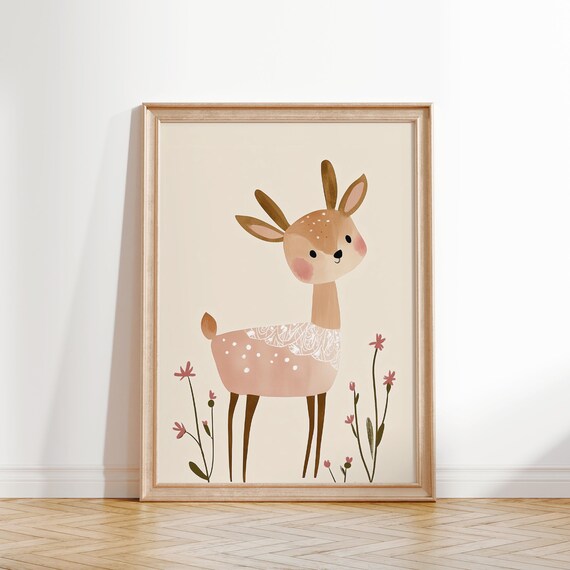 Sweet Fawn With White Lace And Pink Wildflowers Nursery Poster