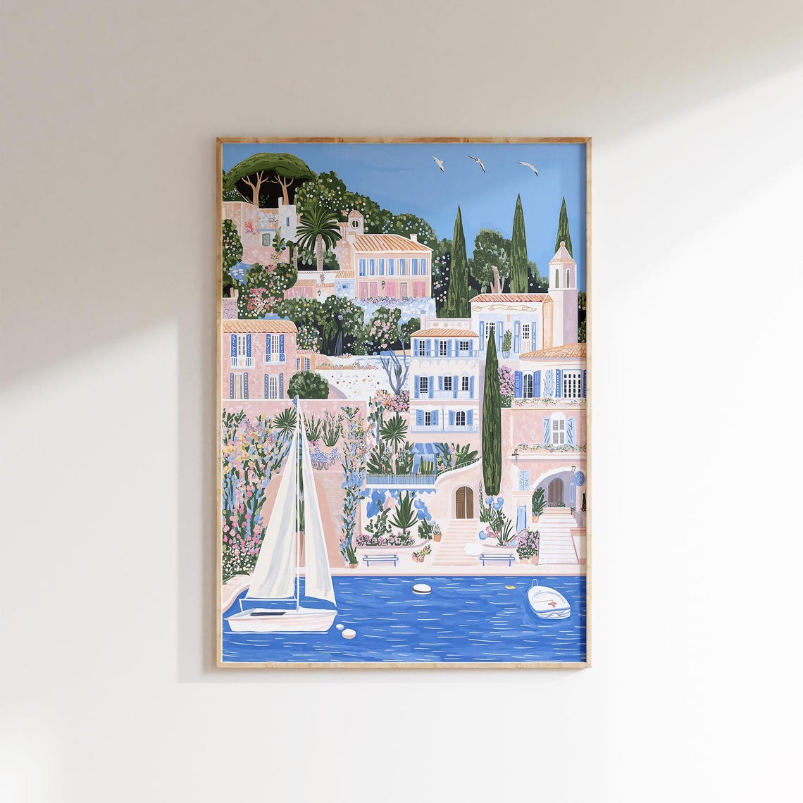 French Riviera Seaside Town Sailboat Pastel Harbor Summer Poster - Image 2