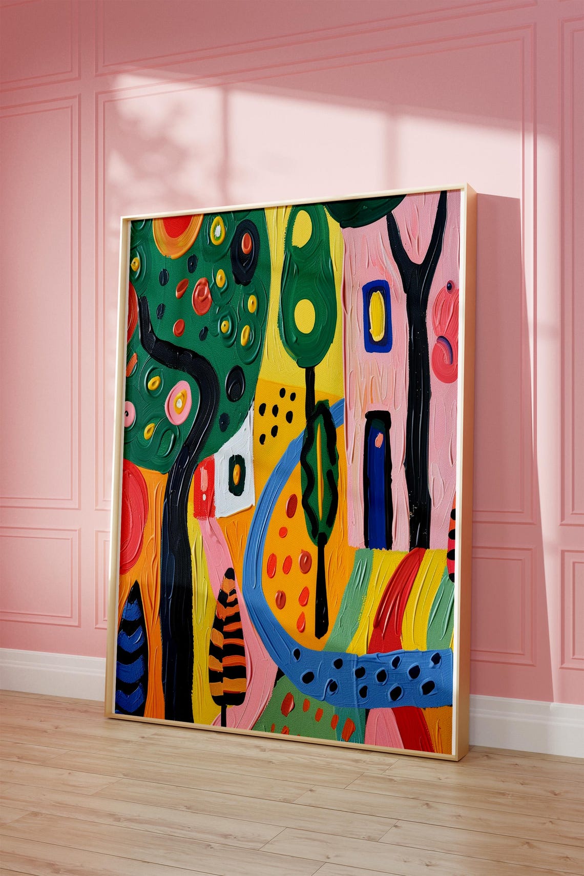 Colorful Abstract Folk Art Trees Vibrant Eclectic Landscape Poster