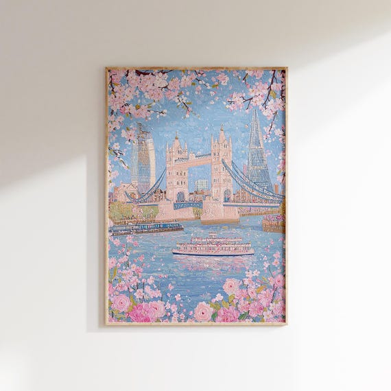 London Tower Bridge Cherry Blossom Print Spring Wall Art Pink Blue Bridge Art London Cityscape Print Uk Wall Decor