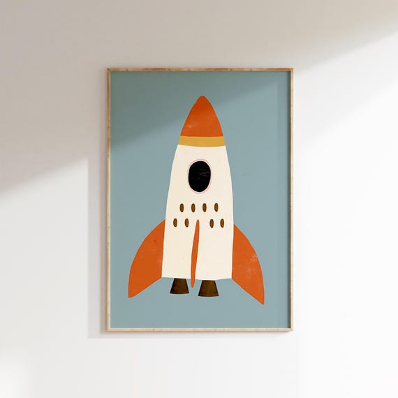 Rocket Ship With Stars Print Space Nursery Wall Art Kids Room Decor Adventure Gift Blue Boys Room Decor Toddler Room