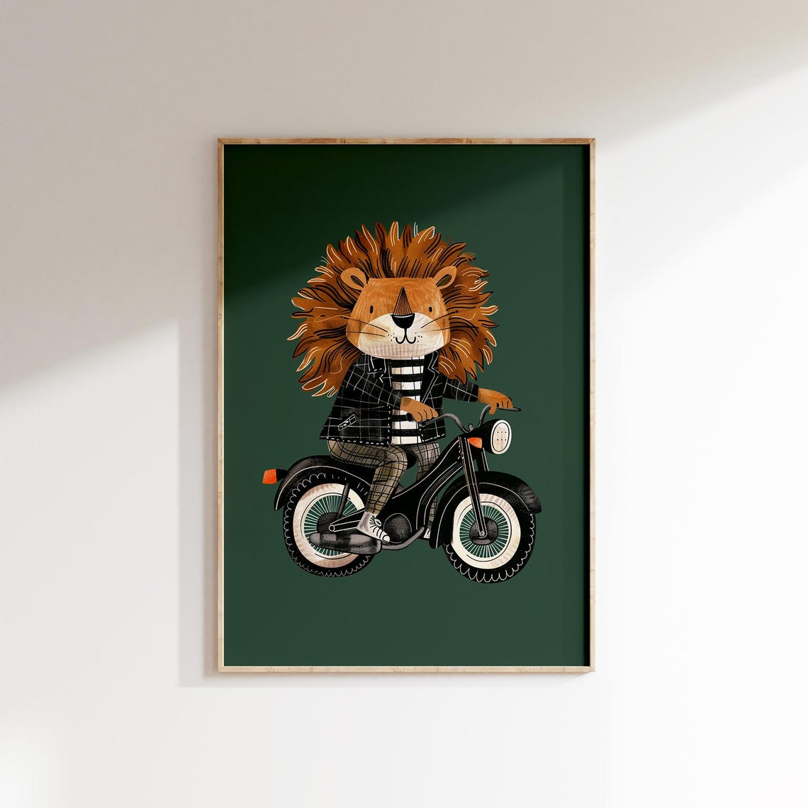 Cool Lion Riding a Motorcycle in Leather Jacket Fun Kids Animal Poster