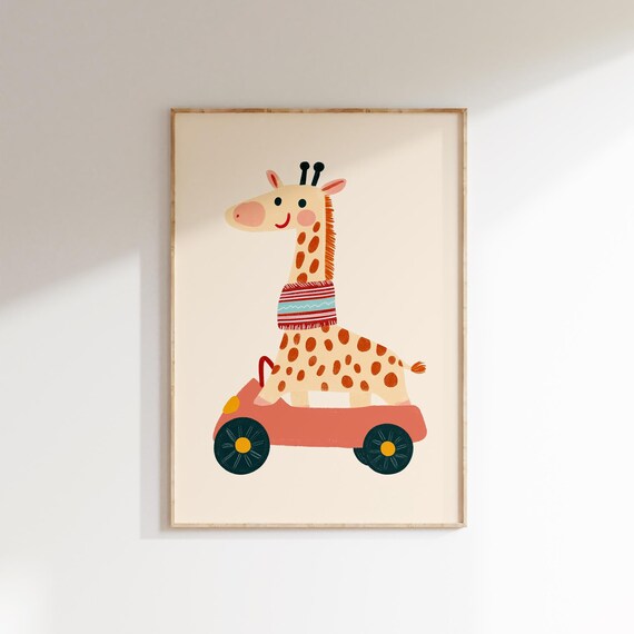 Giraffe Riding Red Convertible Car Safari Nursery Art Poster