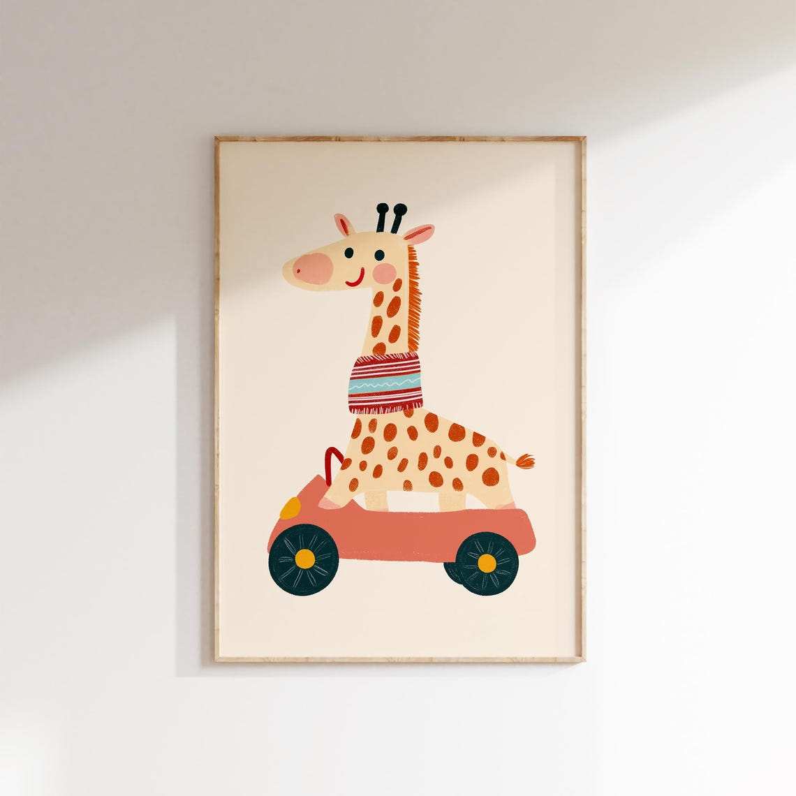 Giraffe Riding Red Convertible Car Safari Nursery Art Poster