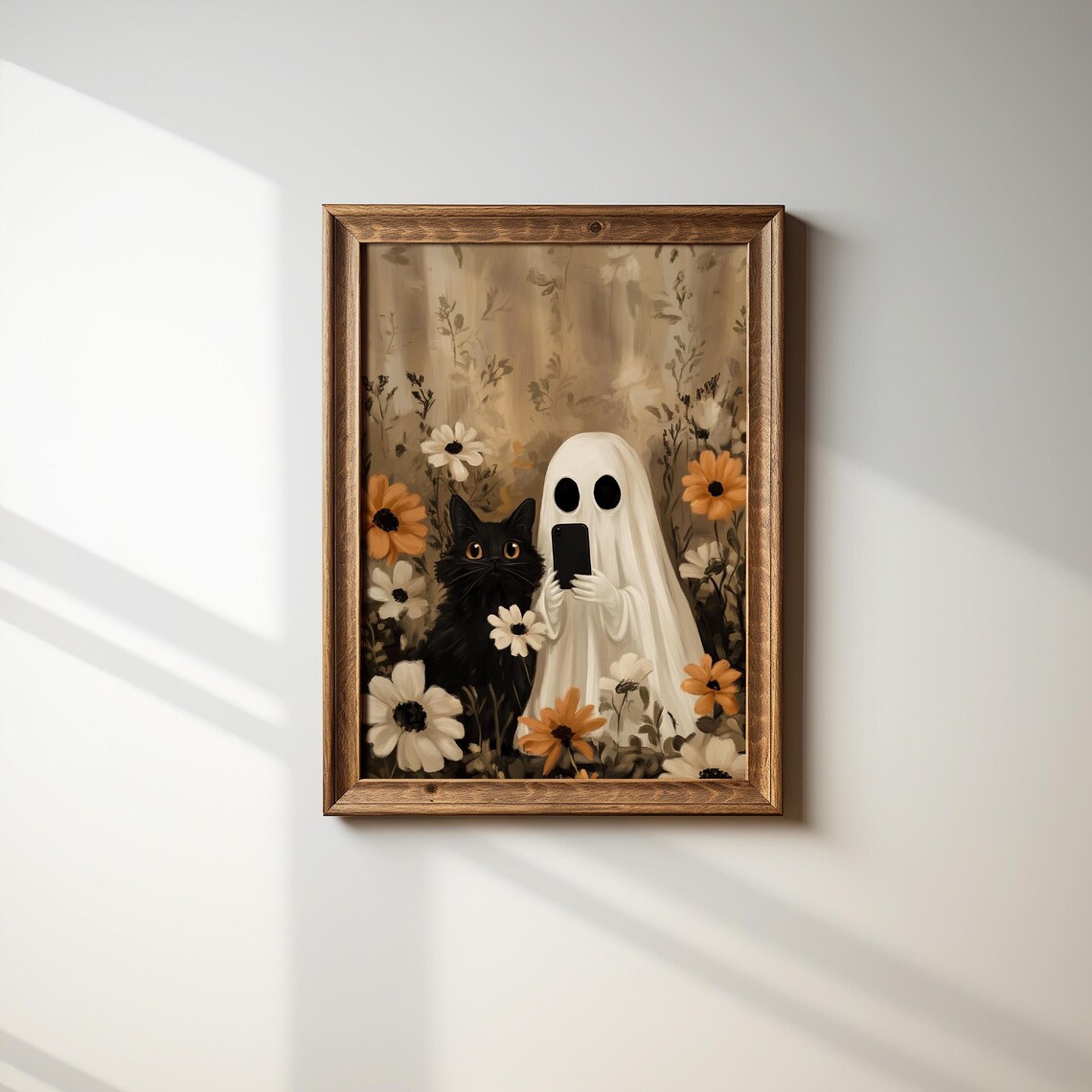 Ghost Taking a Selfie with Black Cat Among Flowers Funny Halloween Poster