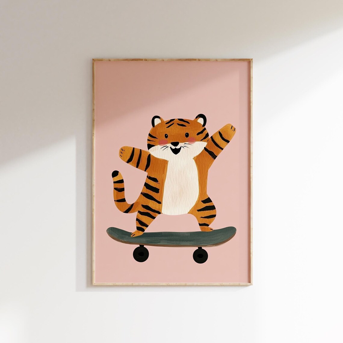 Skateboarding Tiger Nursery Kids Room Cool Pink Modern Wall Art